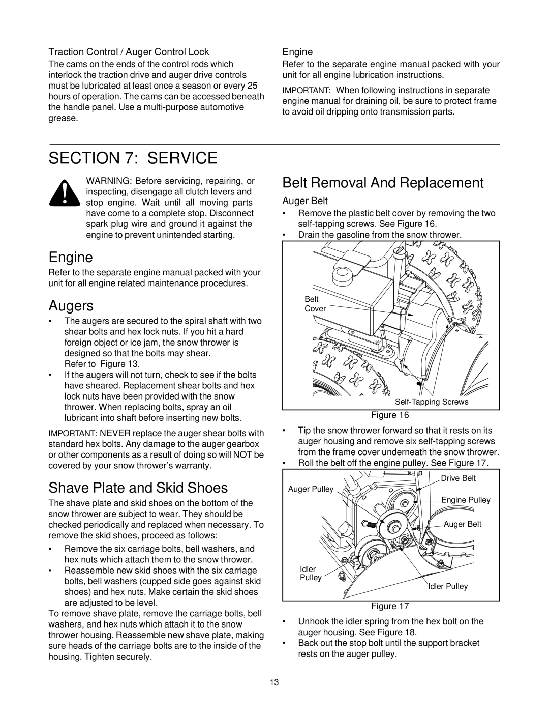 Bolens 750, 550 manual Service, Engine, Augers, Shave Plate and Skid Shoes, Belt Removal And Replacement 