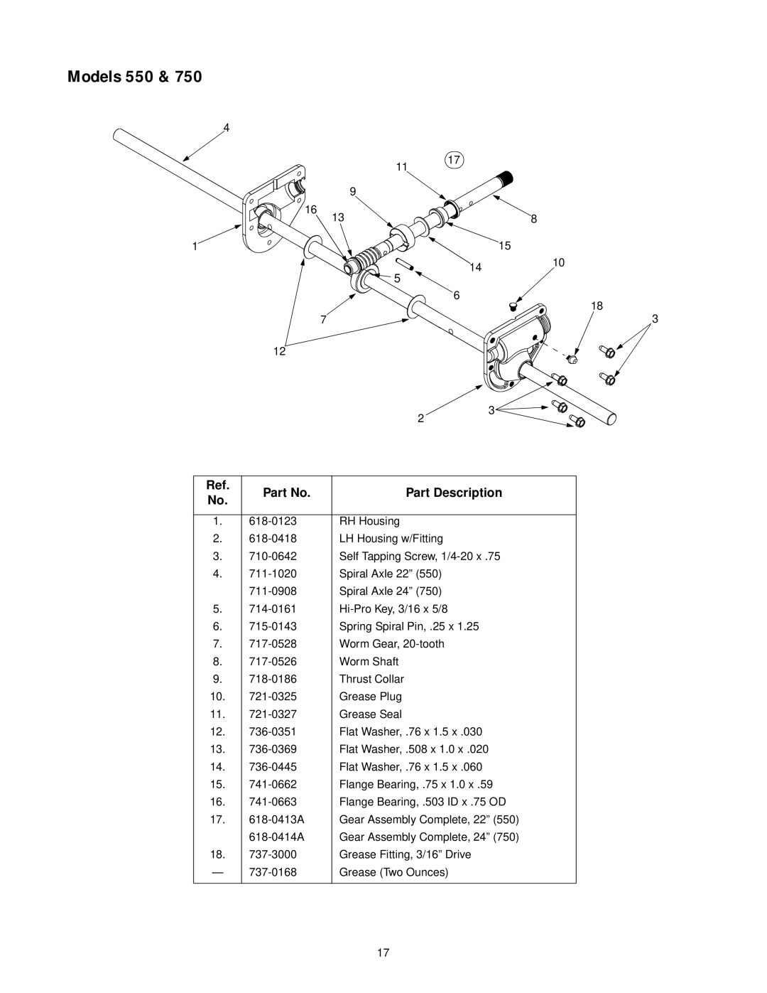 Bolens 750 manual Models 550, Part Description 