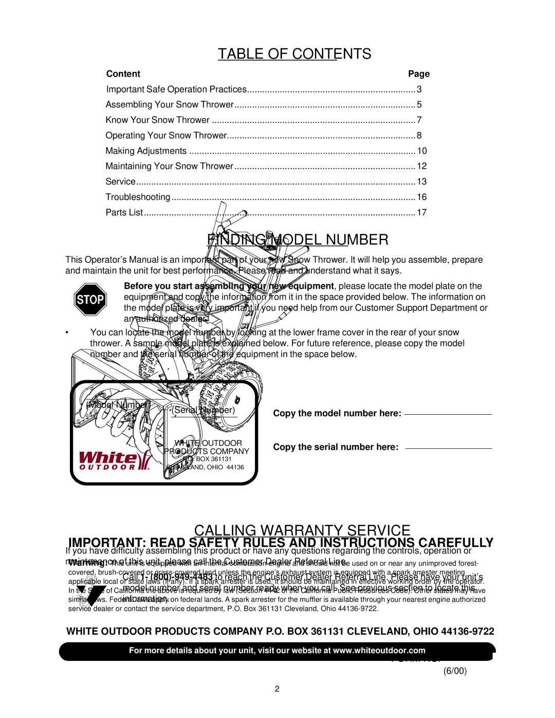 Bolens 550, 750 manual Table of Contents 