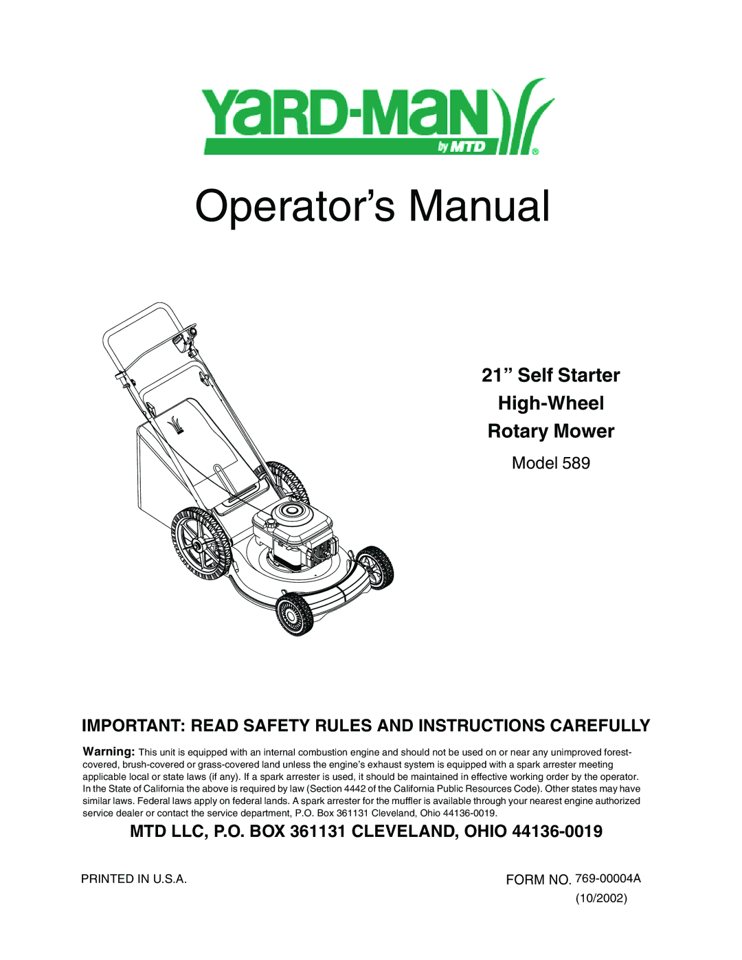 Bolens 589 manual Operator’s Manual 