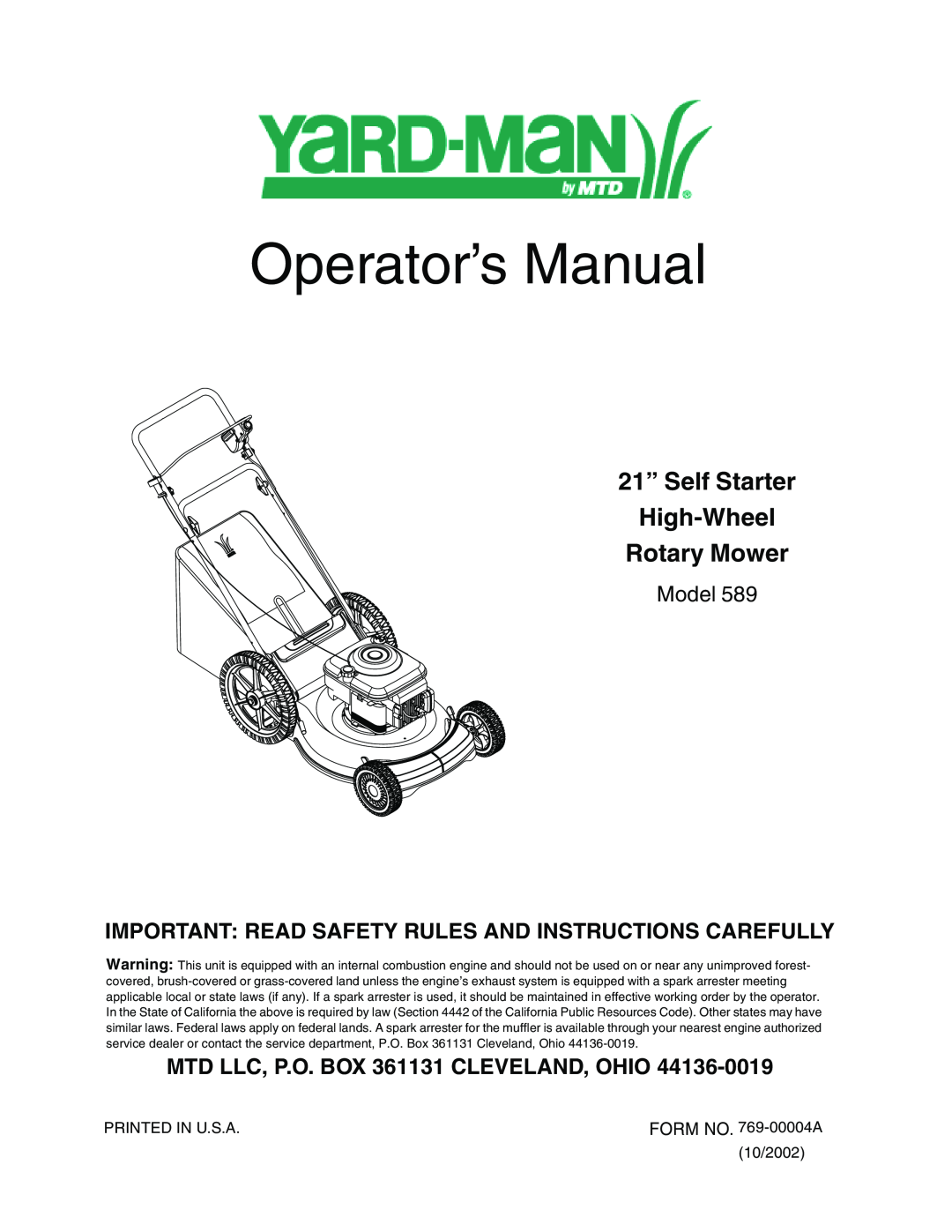 Bolens 589 manual Operator’s Manual, 21” Self Starter High-Wheel Rotary Mower, Model 