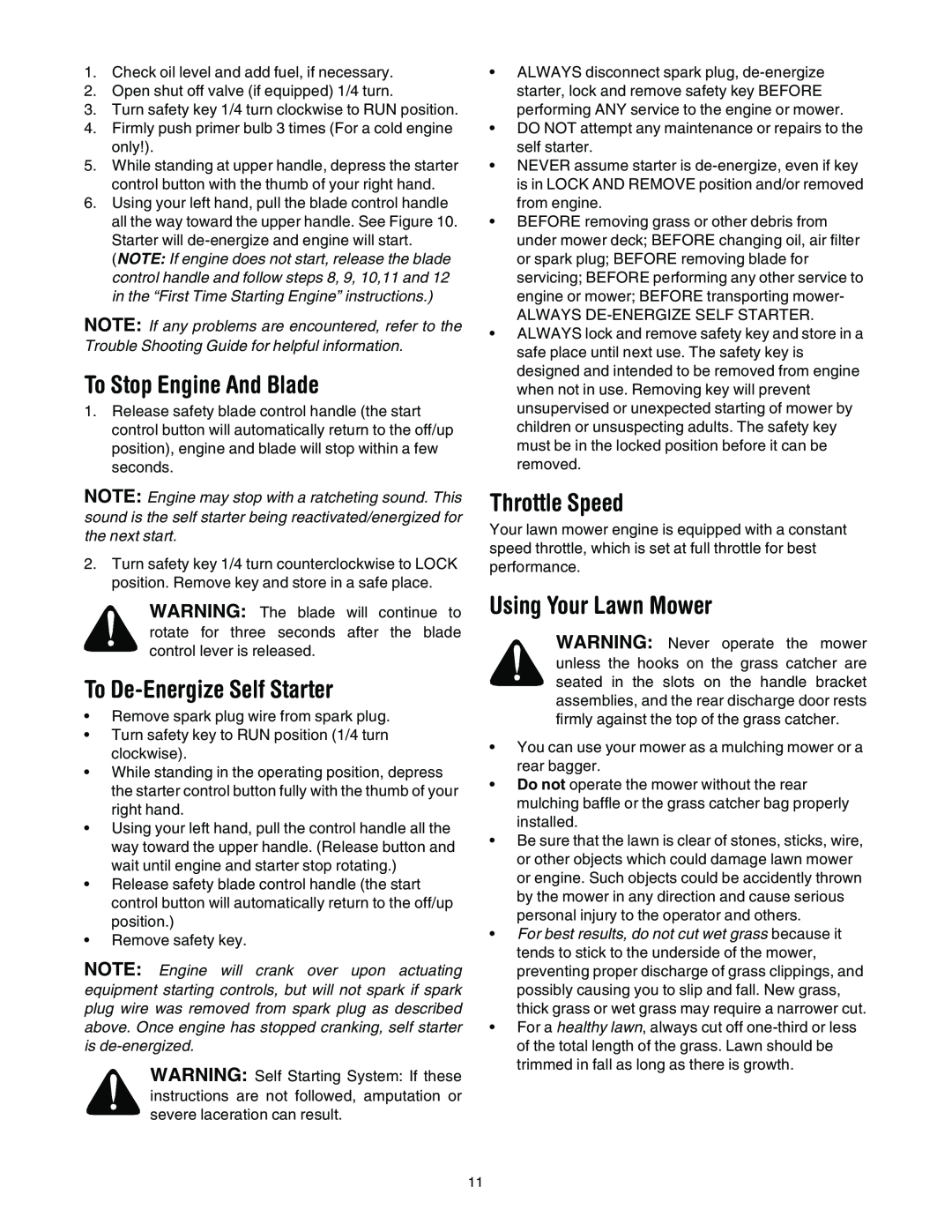 Bolens 589 manual To Stop Engine And Blade, To De-EnergizeSelf Starter, Throttle Speed, Using Your Lawn Mower 