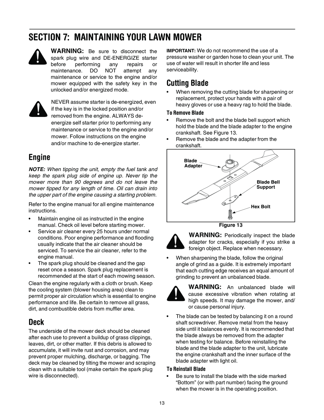 Bolens 589 manual Maintaining Your Lawn Mower, Engine, Deck, Cutting Blade, To Remove Blade, To Reinstall Blade 