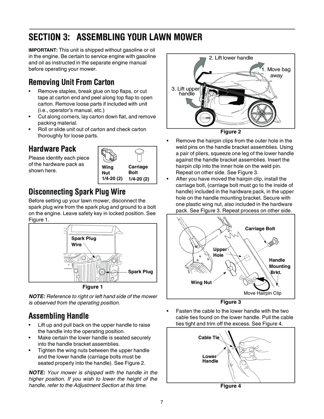 Bolens 589 Assembling Your Lawn Mower, Removing Unit From Carton, Hardware Pack, Disconnecting Spark Plug Wire, shown here 