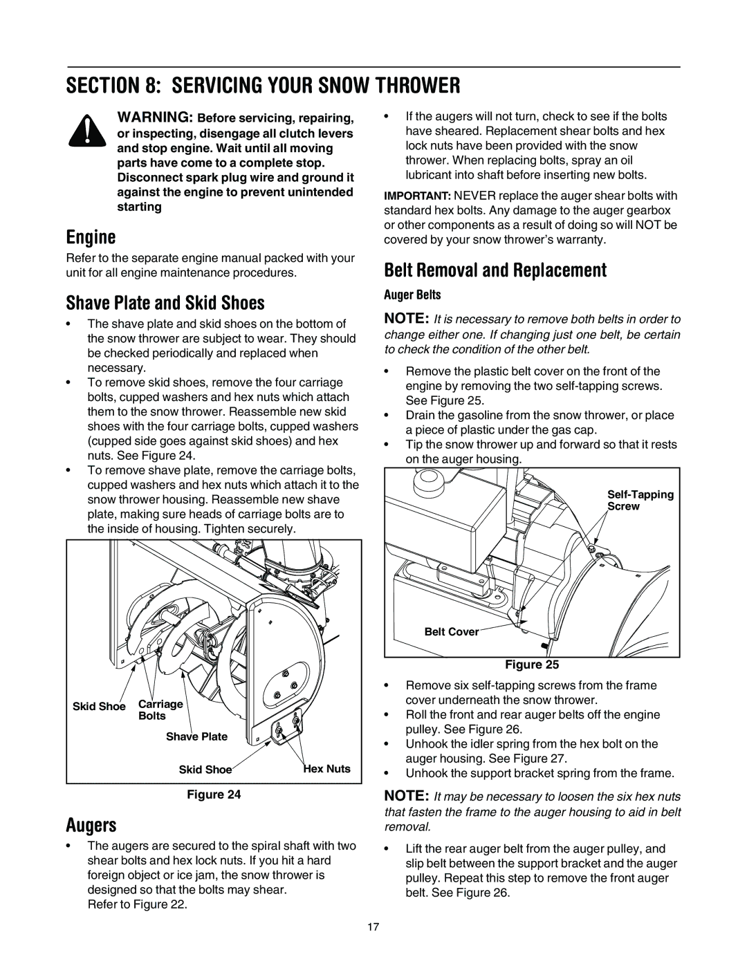 Bolens 6A4E, 614E Servicing Your Snow Thrower, Engine, Shave Plate and Skid Shoes, Belt Removal and Replacement, Augers 