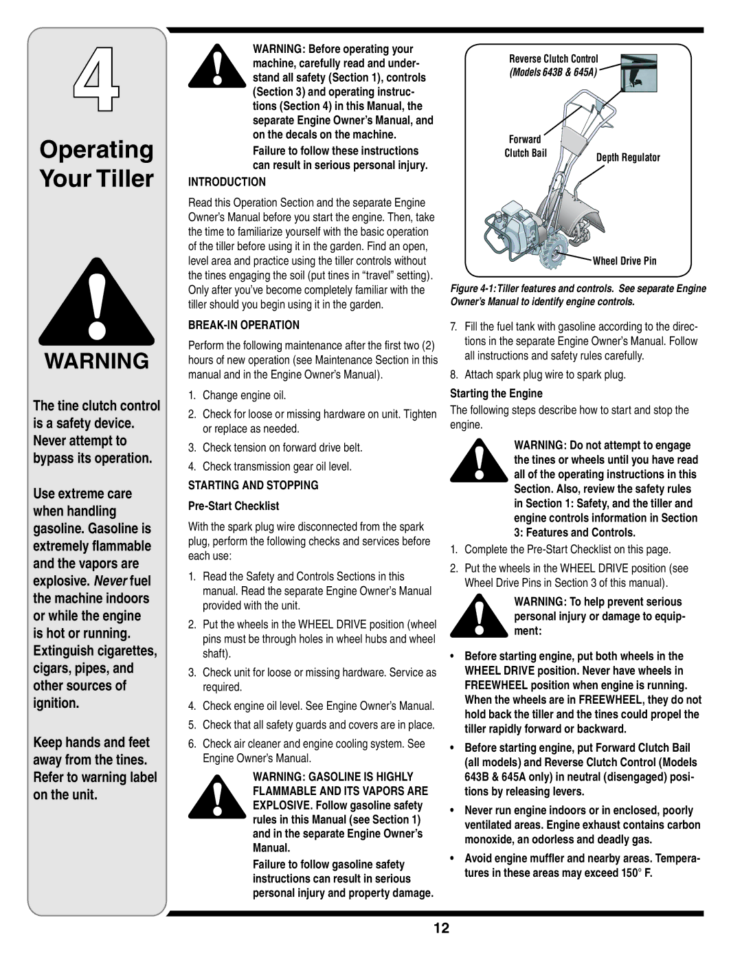 Bolens 643B, 643C, 645A Introduction BREAK-IN Operation, Starting and Stopping, Pre-Start Checklist, Starting the Engine 