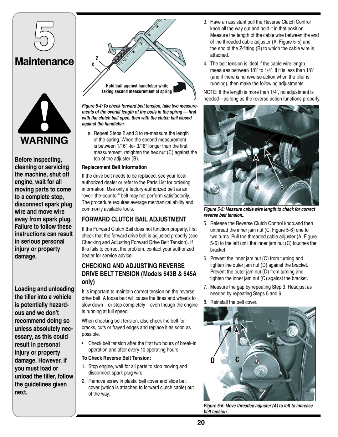 Bolens 643C Only, Replacement Belt Information, Drive Belt Tension Models 643B & 645A, To Check Reverse Belt Tension 