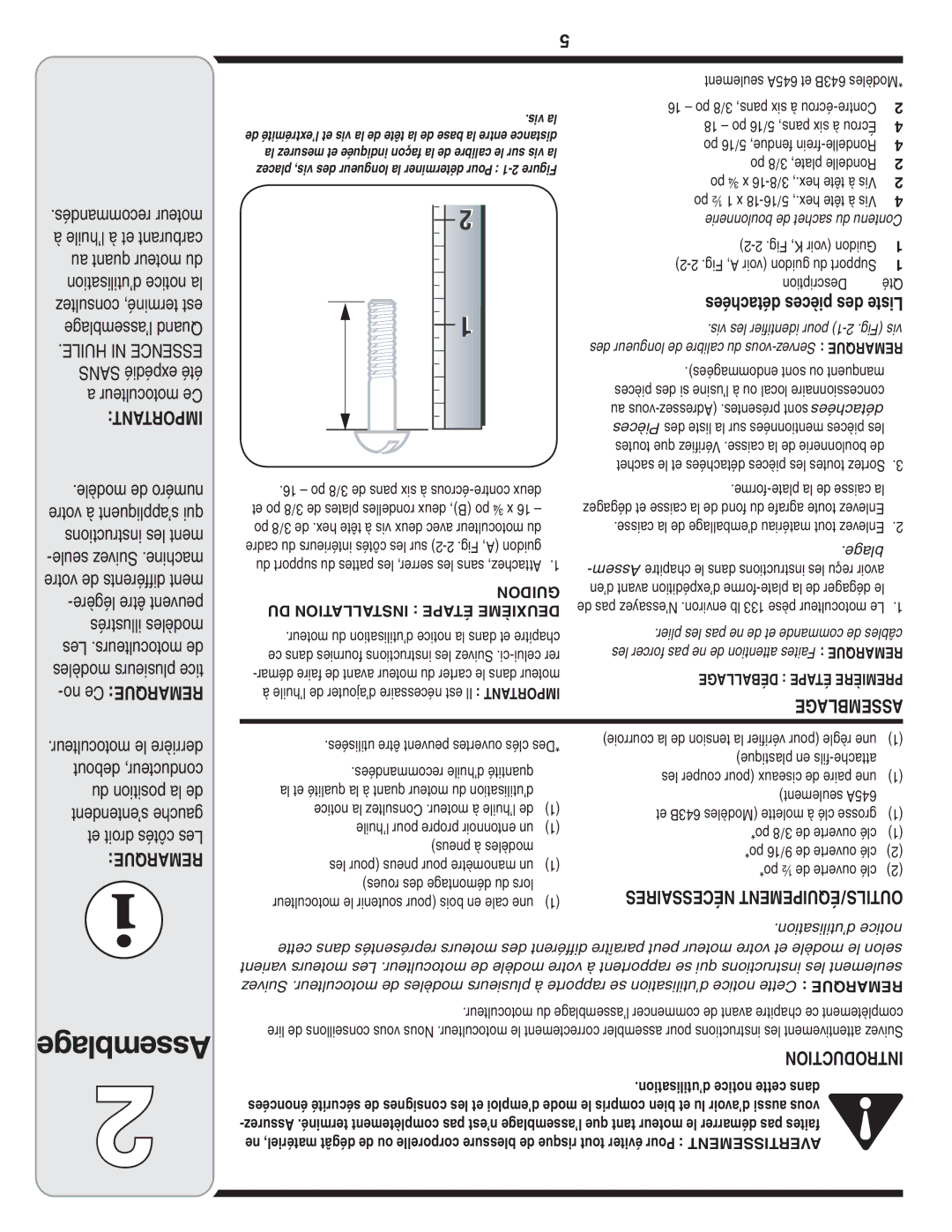 Bolens 643C, 643B, 645A warranty Détachées pièces des Liste, Remarque 