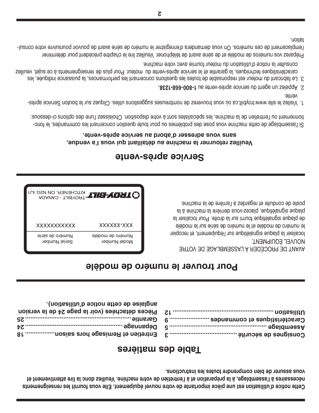 Bolens 643C, 643B, 645A warranty Commandes et Caractéristiques, Dépannage, Saison hors Remisage et Entretien 