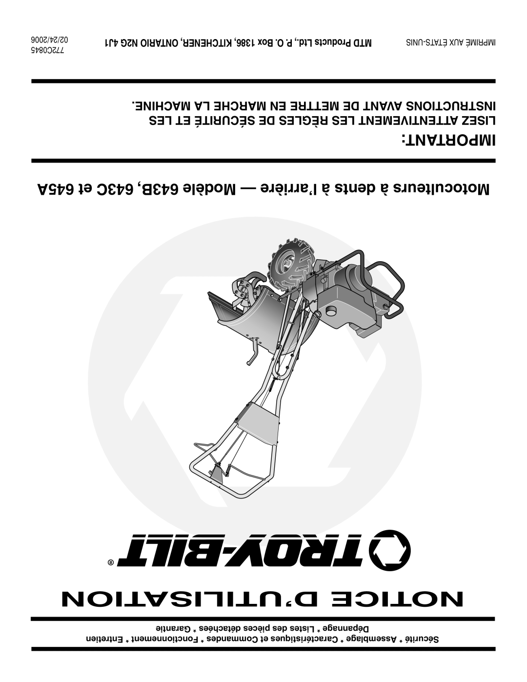 Bolens 645A, 643B, 643C warranty ’UTILISATION Notice, 02/24/2006 772C0845 