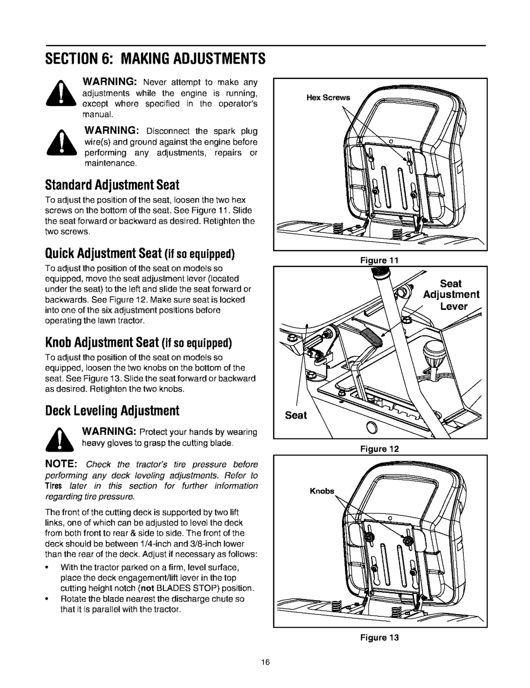 Bolens 660 Makingadjustments, StandardAdjustmentSeat, QuickAdjustmentSeatif soequipped, KnobAdjustmentSeatif soequipped 