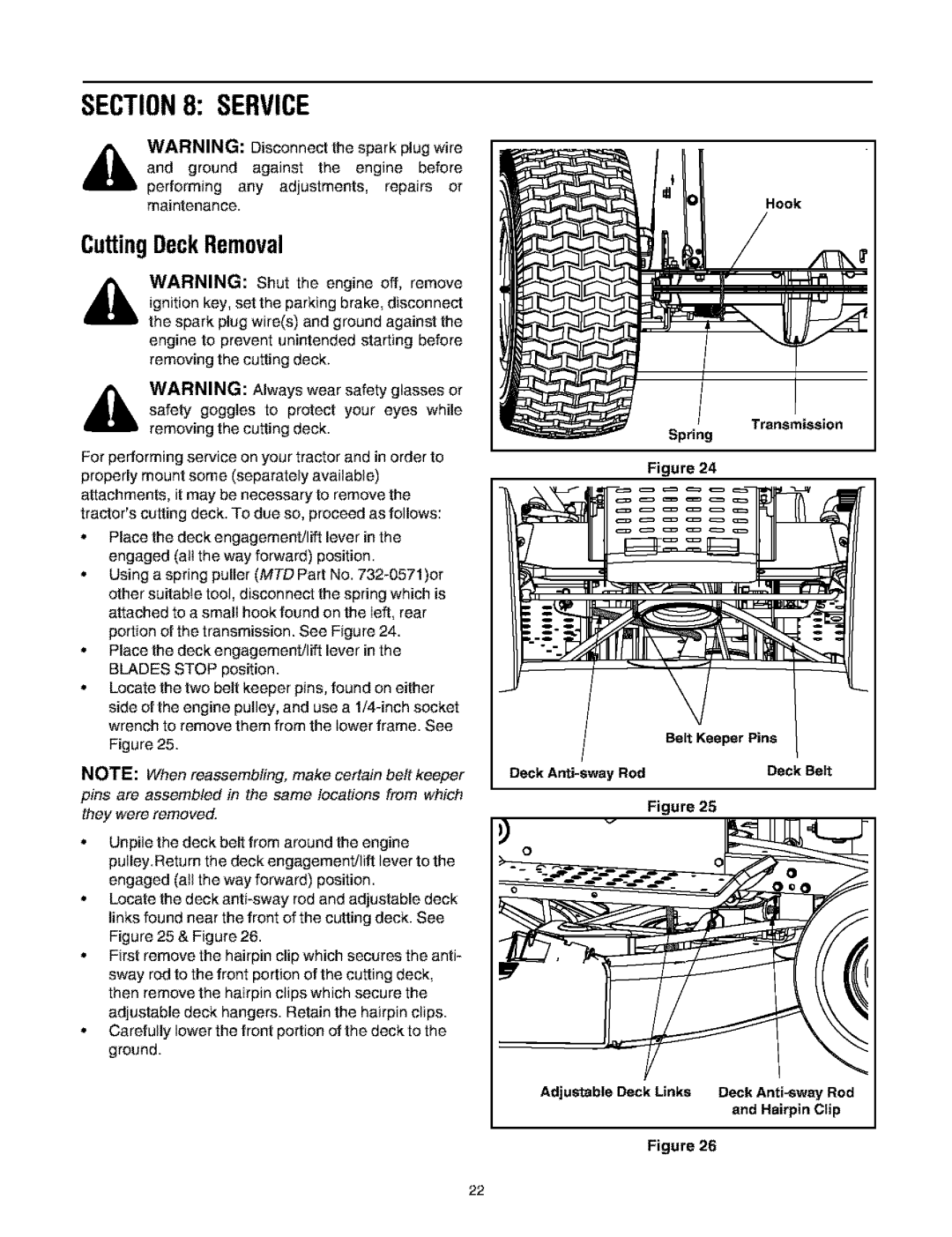 Bolens 660 Service, CuttingDeckRemoval, Belt Keeper Pins Deck Anti-sway Rod, Adjustable Deck Links Deck Anti-sway Rod 