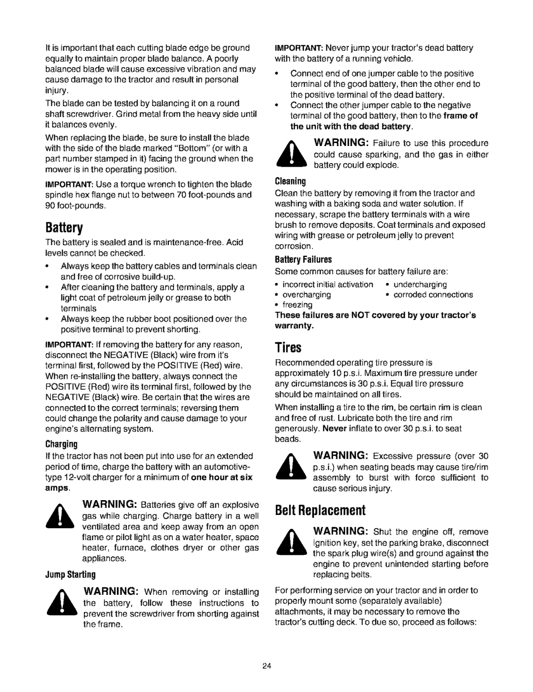 Bolens 660 manual Tires, Battery, BeltReplacement 