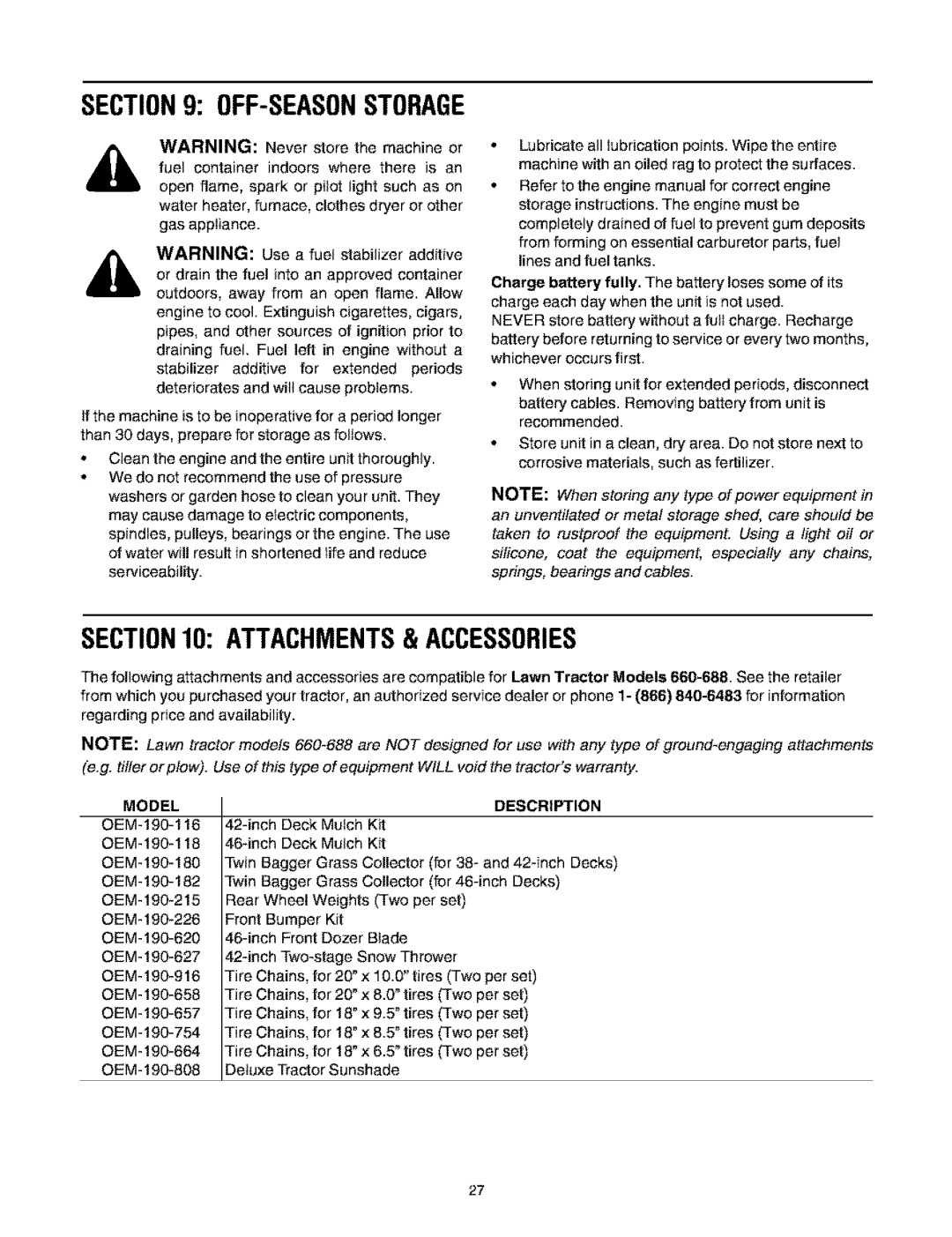 Bolens 660 manual Off-Seasonstorage, ATTACHMENTS& Accessories 