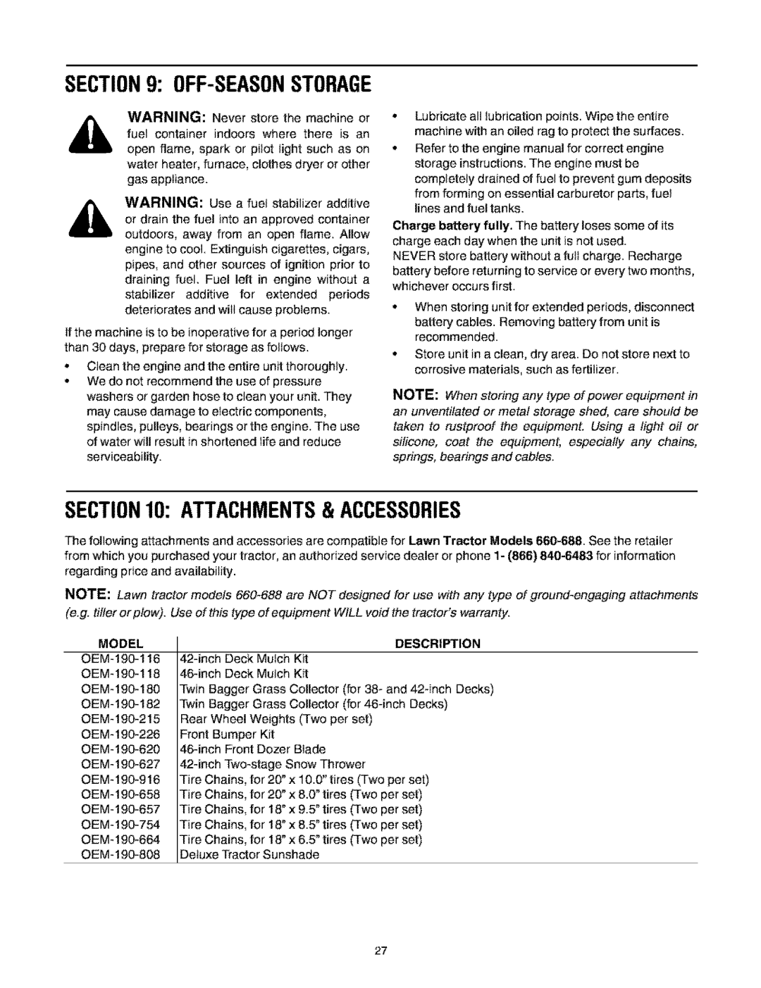 Bolens 660 manual Off-Seasonstorage, Attachments& Accessories, Model, Description 