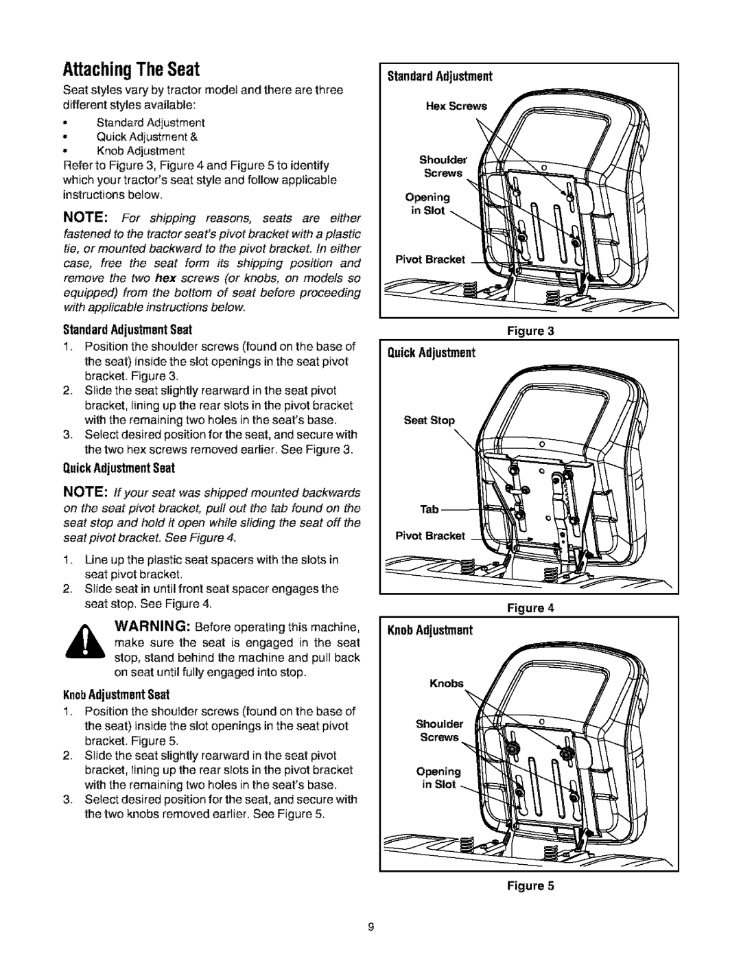 Bolens 660 manual AttachingTheSeat, StandardAdjustmentSeat, Hex Screw Shoulder, in Slot Figure Quick Adjustment, Seat Stop 