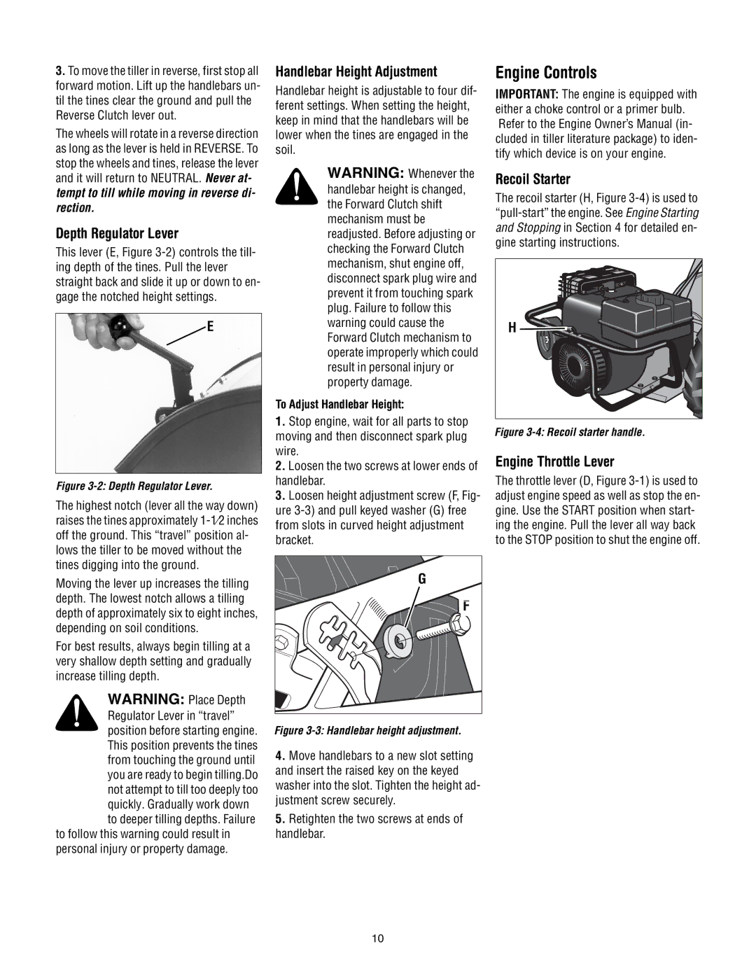 Bolens 675B Engine Controls, Depth Regulator Lever, Handlebar Height Adjustment, Recoil Starter, Engine Throttle Lever 