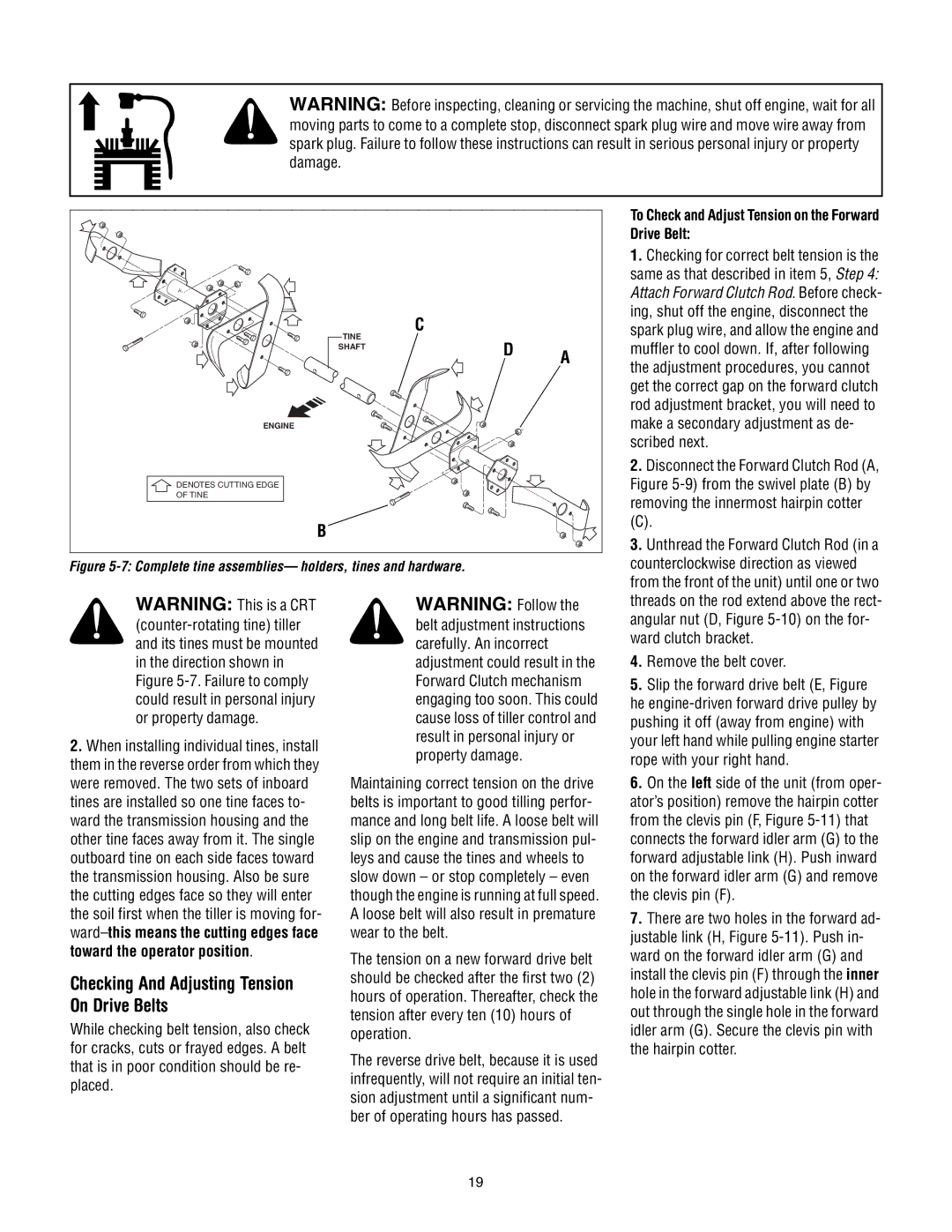 Bolens 675B manual Checking And Adjusting Tension On Drive Belts, To Check and Adjust Tension on the Forward Drive Belt 