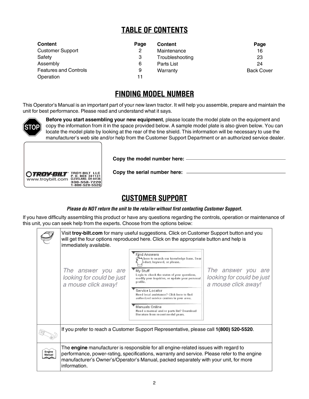 Bolens 675B manual Table of Contents 