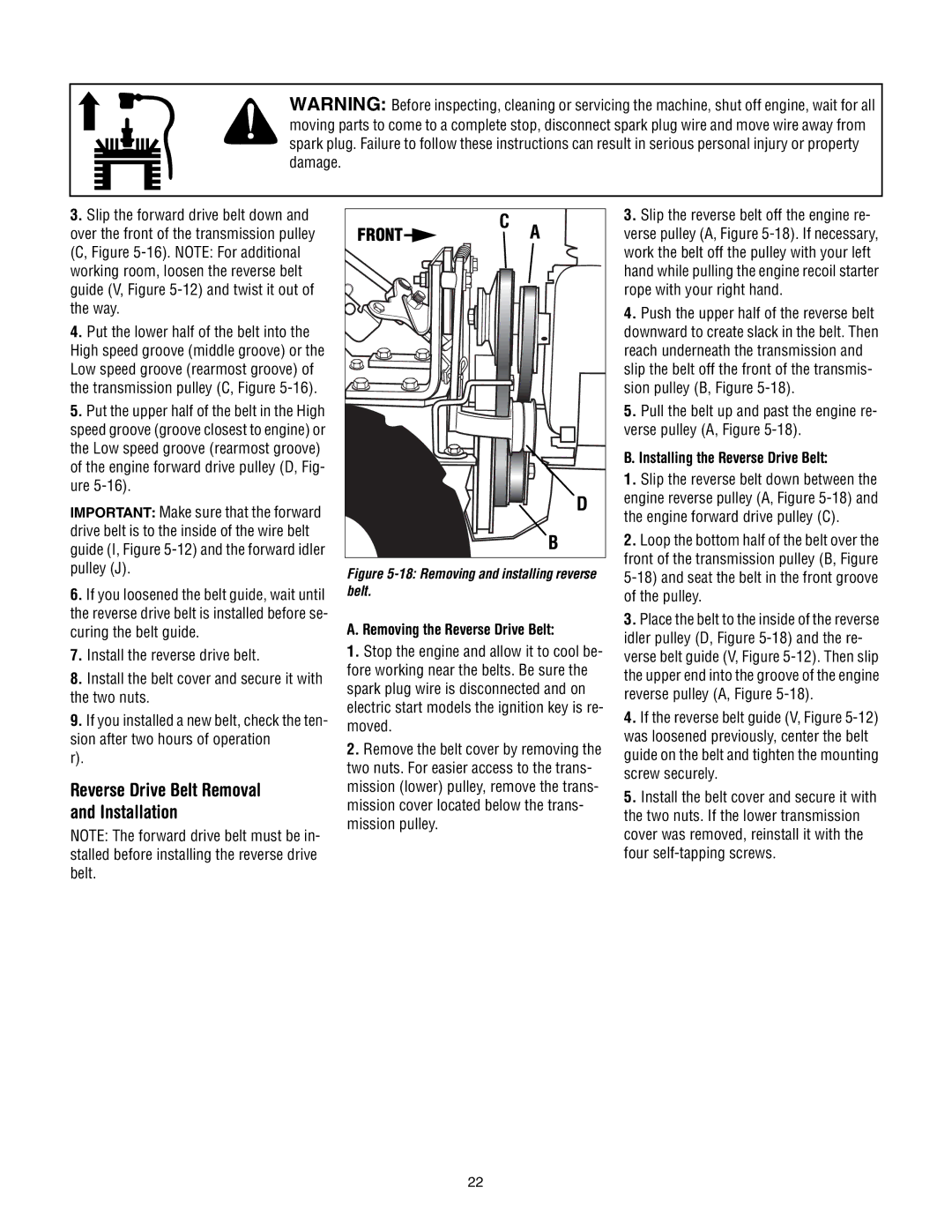 Bolens 675B manual Reverse Drive Belt Removal and Installation, Removing the Reverse Drive Belt 