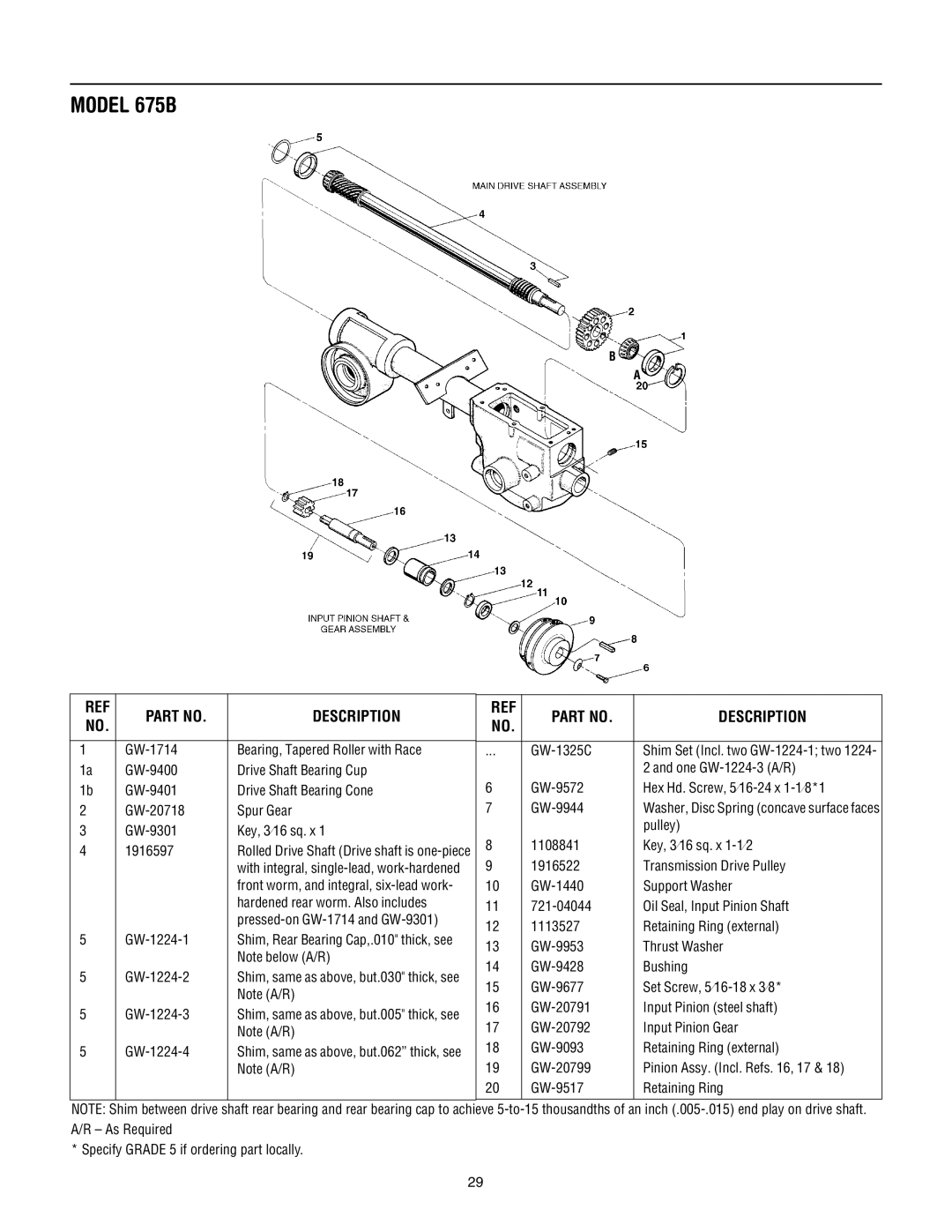 Bolens 675B manual GW-1714 Bearing, Tapered Roller with Race GW-1325C 