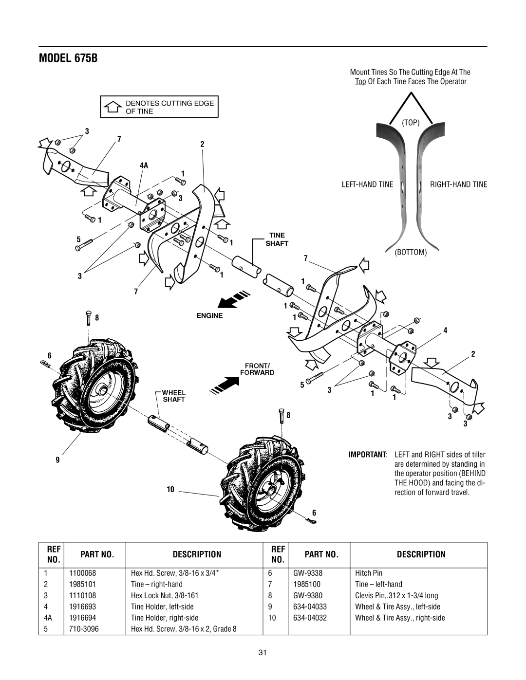 Bolens 675B manual TOP LEFT-HAND Tine 