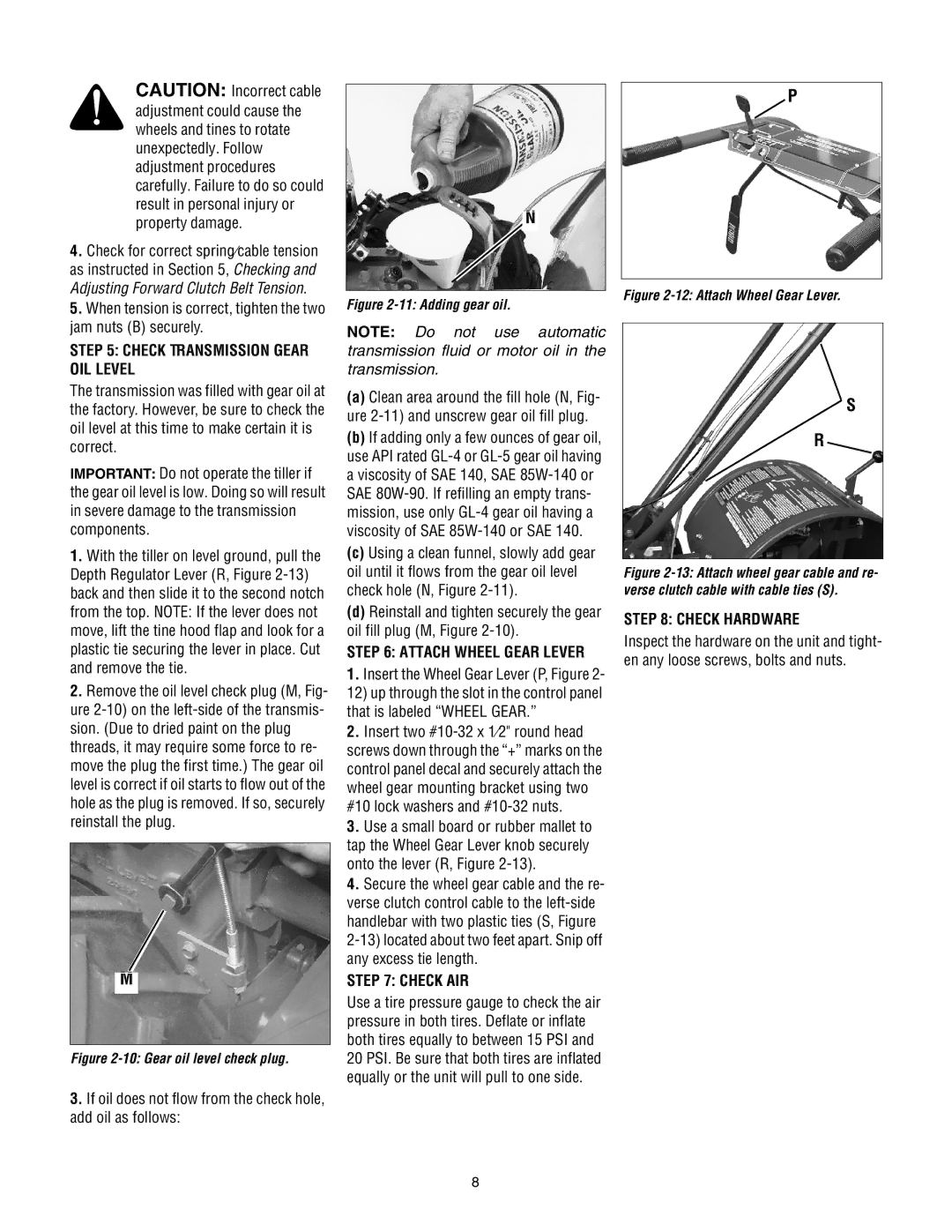 Bolens 675B manual Check Transmission Gear OIL Level, Check AIR, Check Hardware 