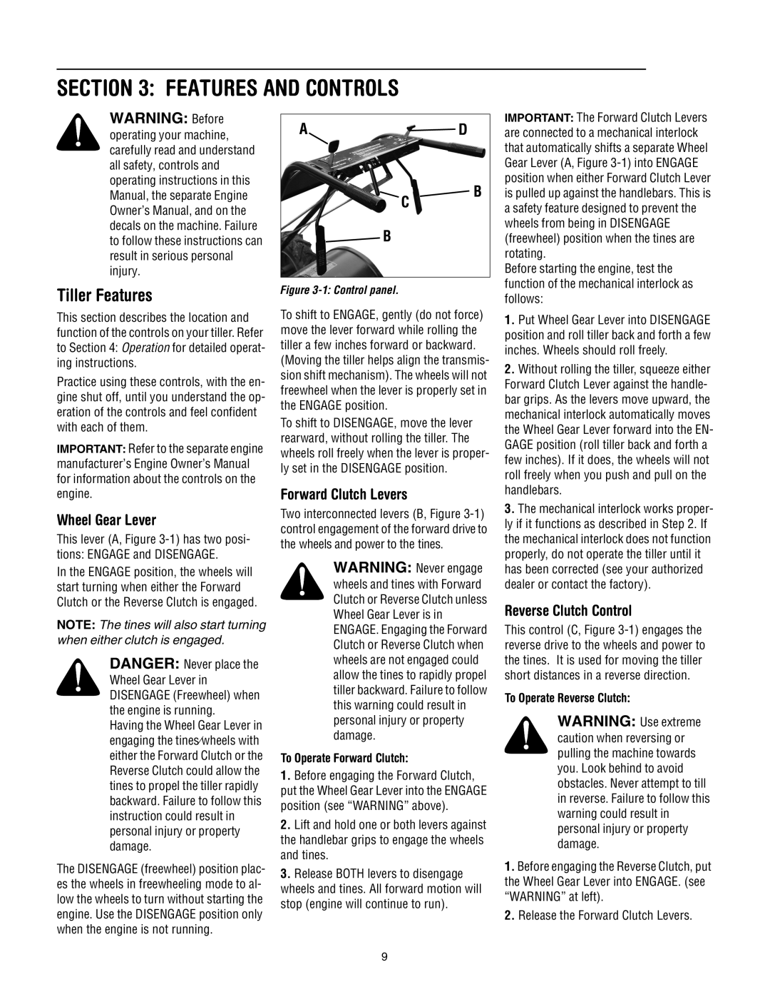 Bolens 675B manual Tiller Features, Wheel Gear Lever, Forward Clutch Levers, Reverse Clutch Control 