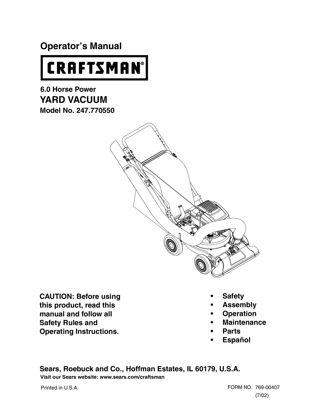 Bolens 769-00407 manual Yard Vacuum 