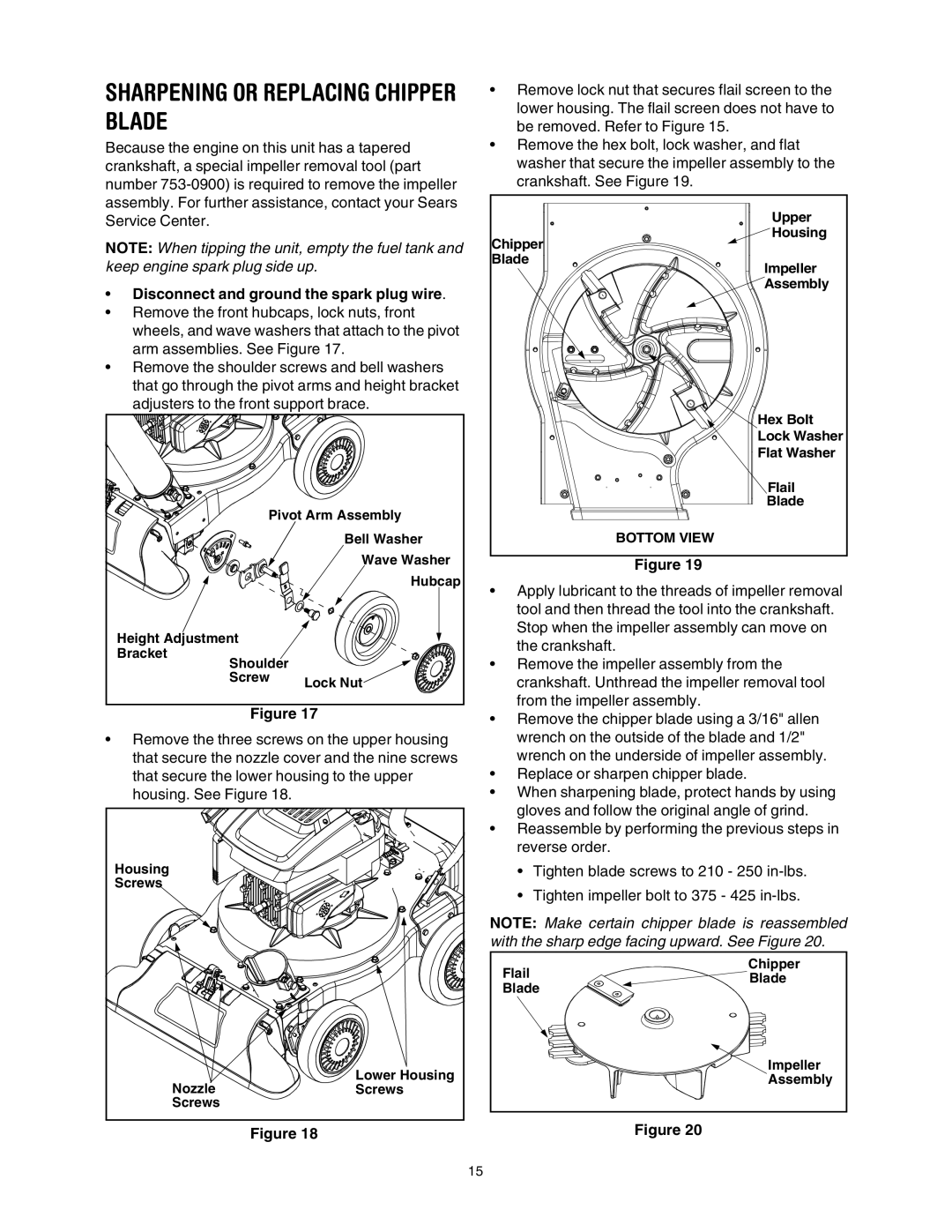 Bolens 769-00407 manual Sharpening or Replacing Chipper Blade, Disconnect and ground the spark plug wire 