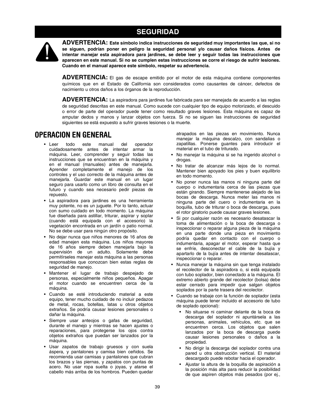 Bolens 769-00407 manual Operacion EN General, Seguridad 