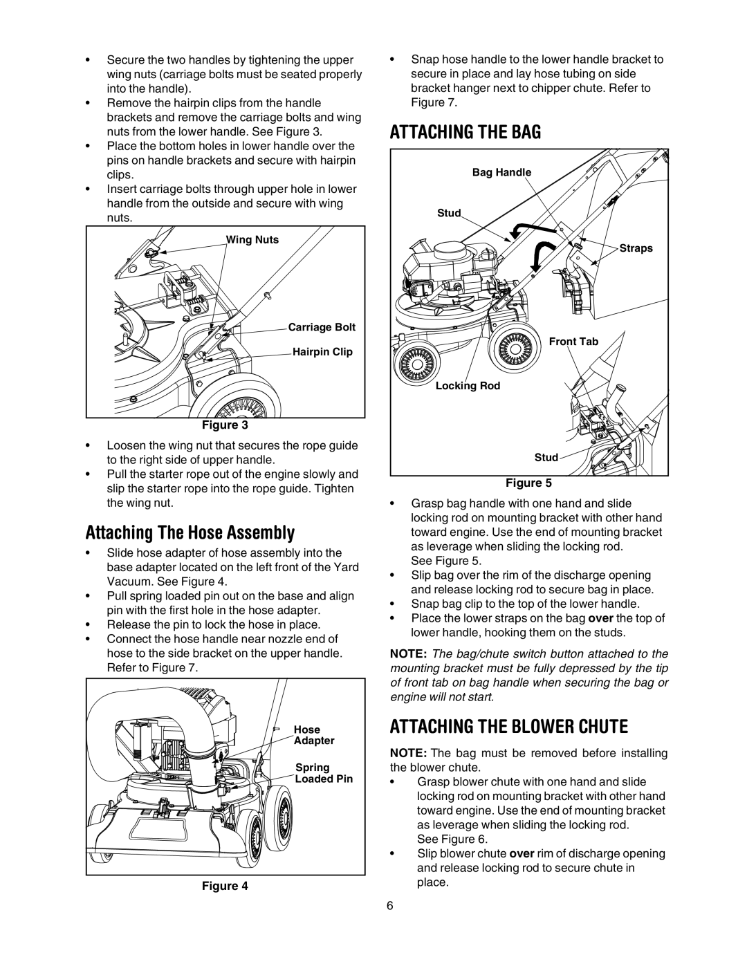 Bolens 769-00407 manual Attaching The Hose Assembly, Attaching the BAG, Attaching the Blower Chute 