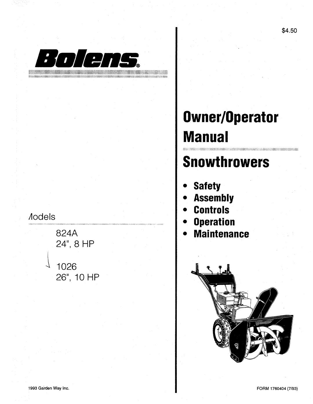 Bolens 1026, 824A manual 