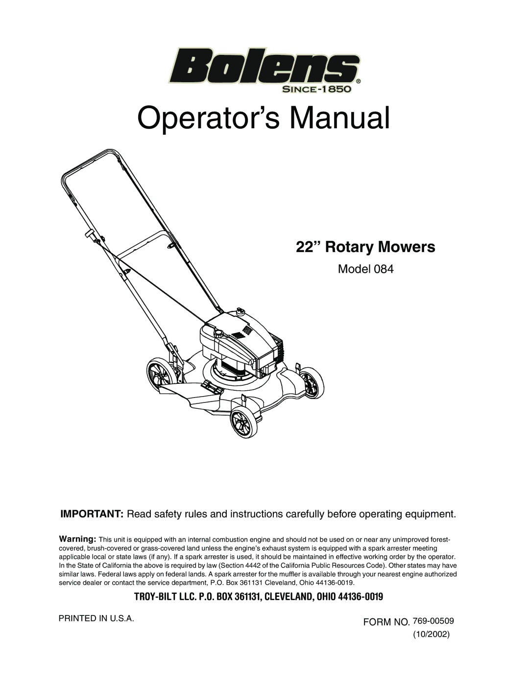 Bolens 84 manual Operator’s Manual 