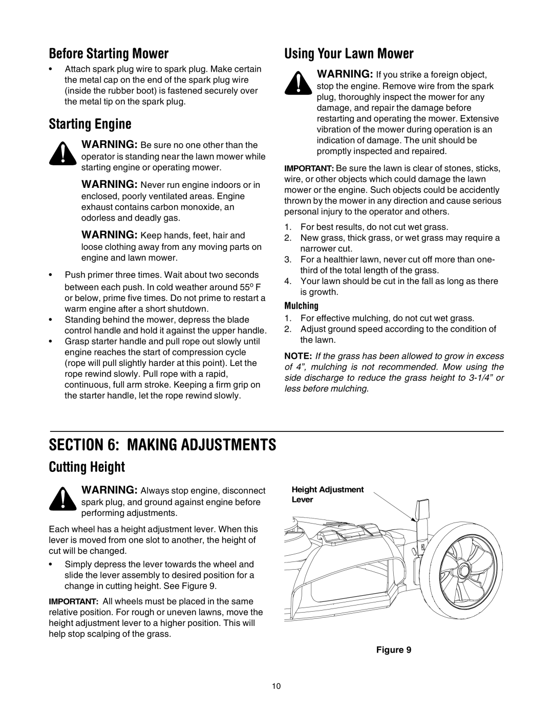 Bolens 84 manual Before Starting Mower, Starting Engine, Using Your Lawn Mower, Cutting Height, Mulching 