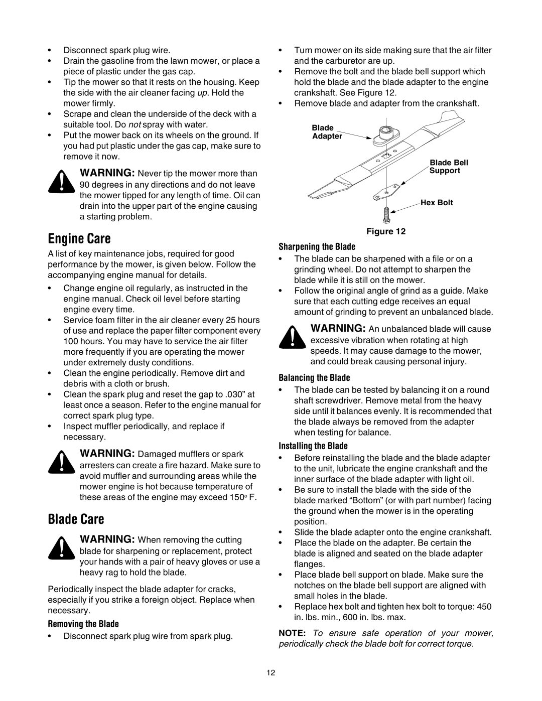 Bolens 84 manual Engine Care, Blade Care 