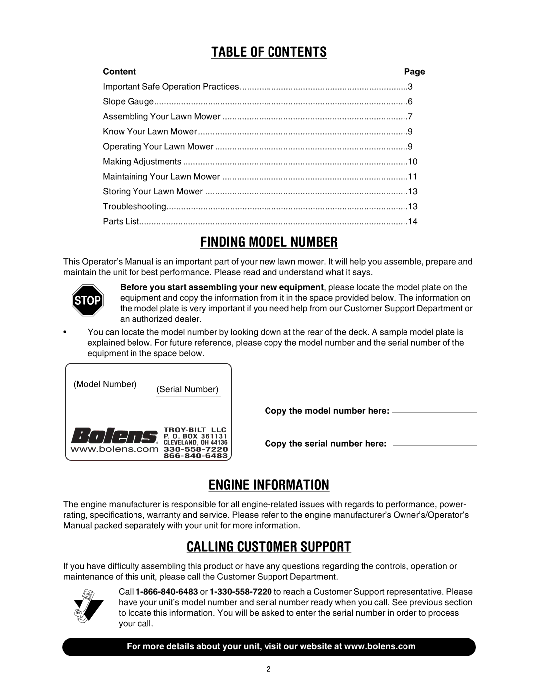 Bolens 84 manual Table of Contents 