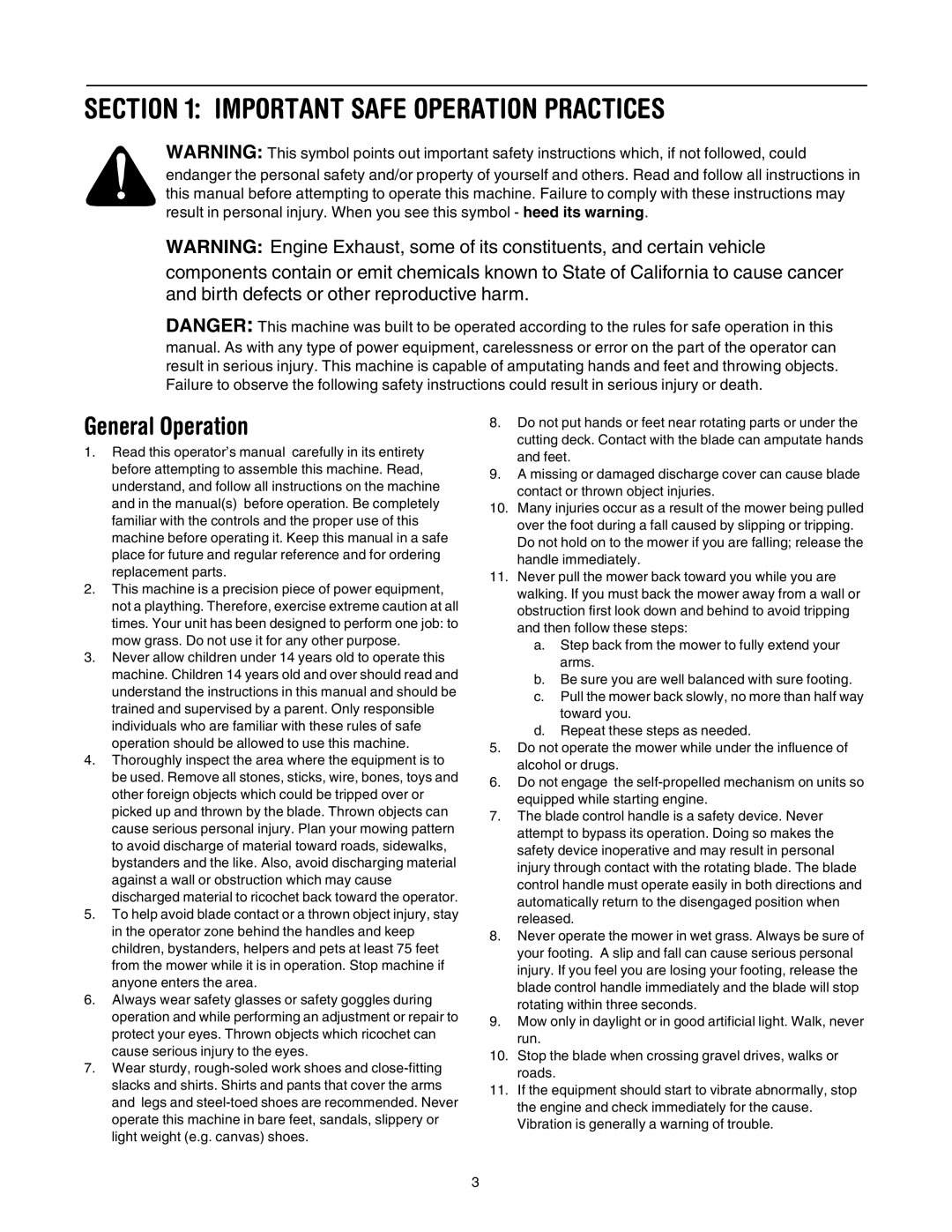 Bolens 84 manual Important Safe Operation Practices, General Operation 