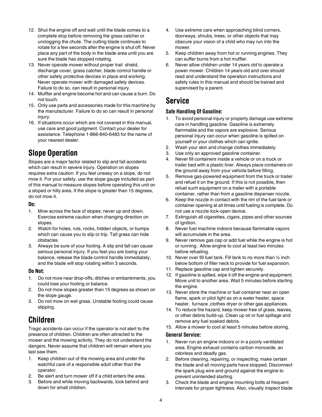 Bolens 84 manual Slope Operation, Children, Service 