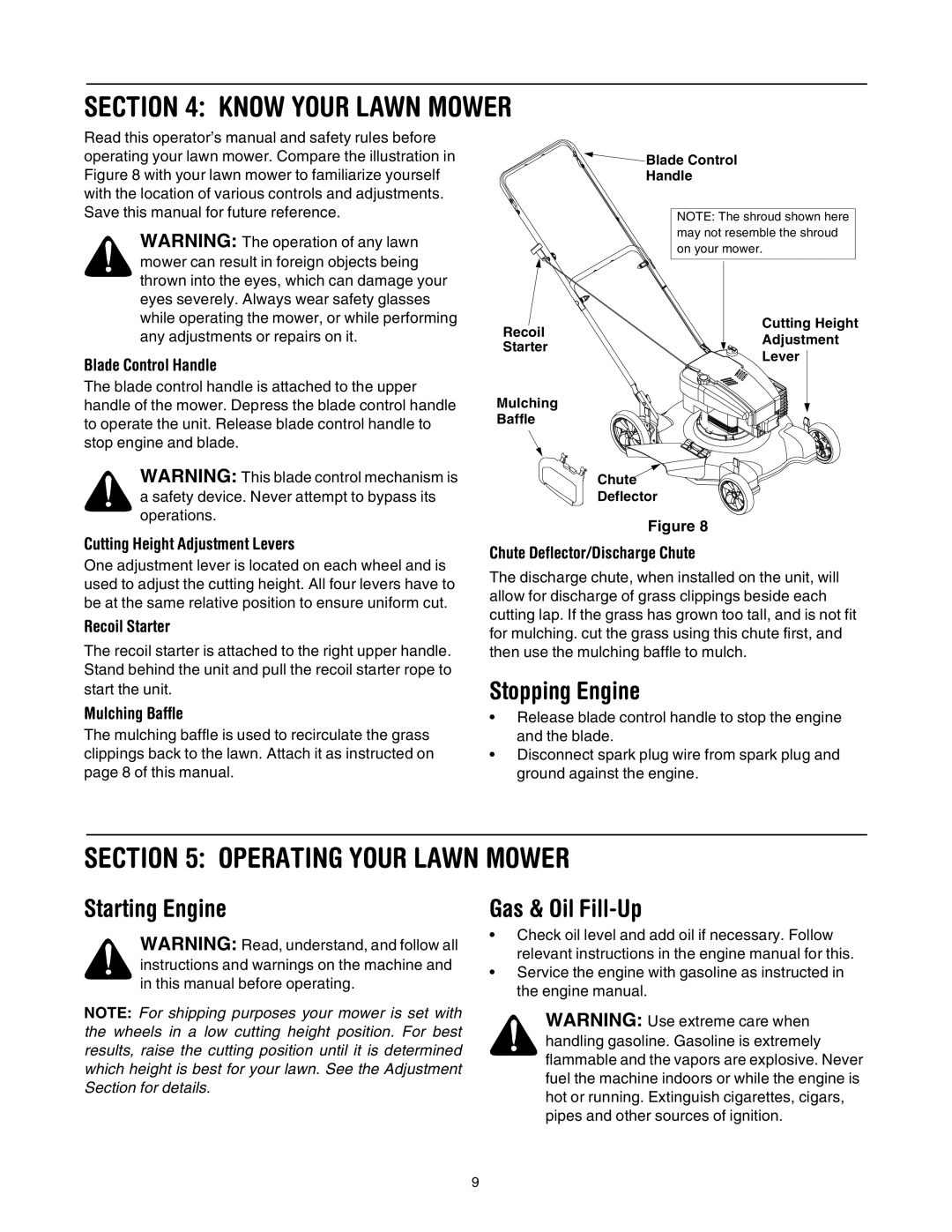 Bolens 84 manual Know Your Lawn Mower, Operating Your Lawn Mower, Stopping Engine, Starting Engine Gas & Oil Fill-Up 