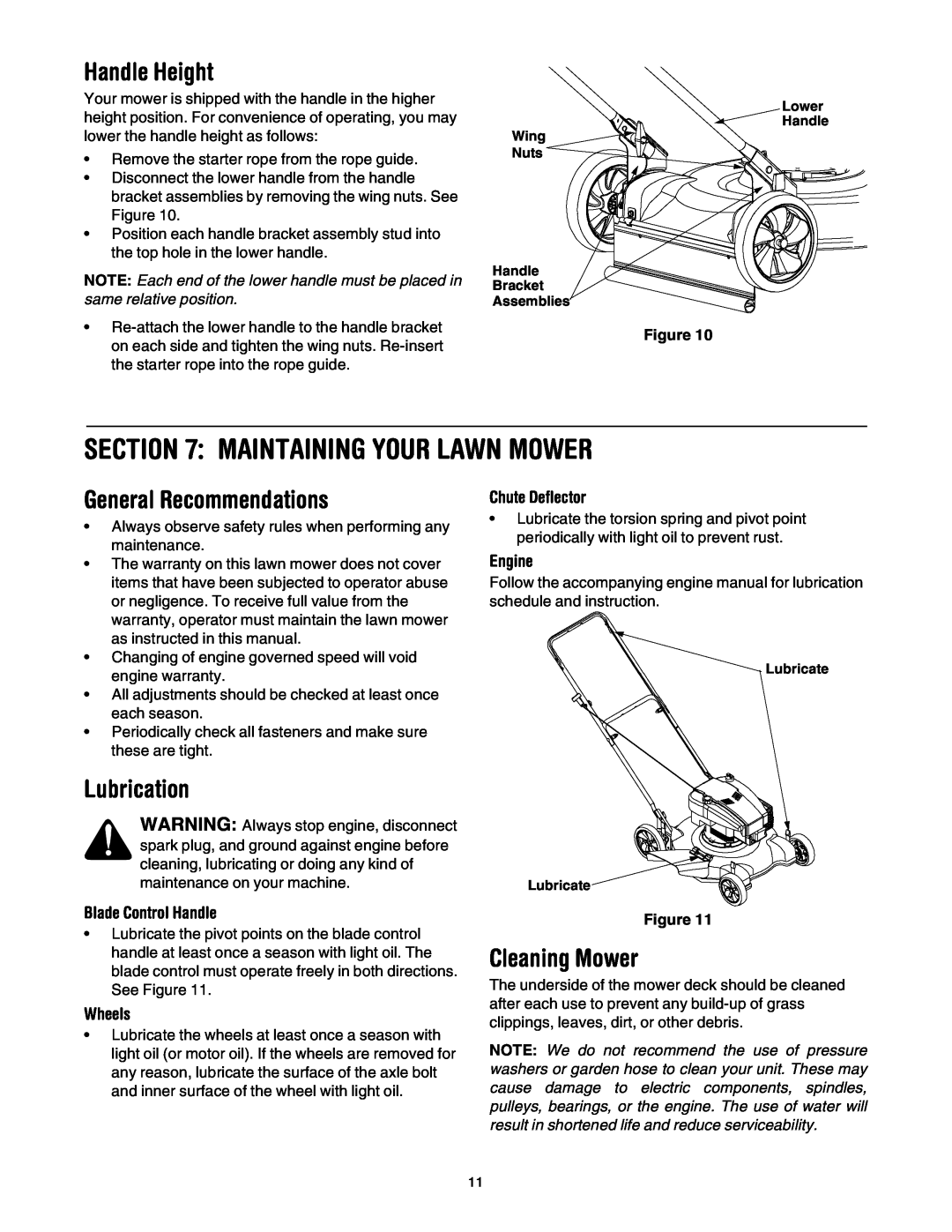 Bolens 84 Maintaining Your Lawn Mower, Handle Height, General Recommendations, Lubrication, Cleaning Mower, Wheels, Engine 
