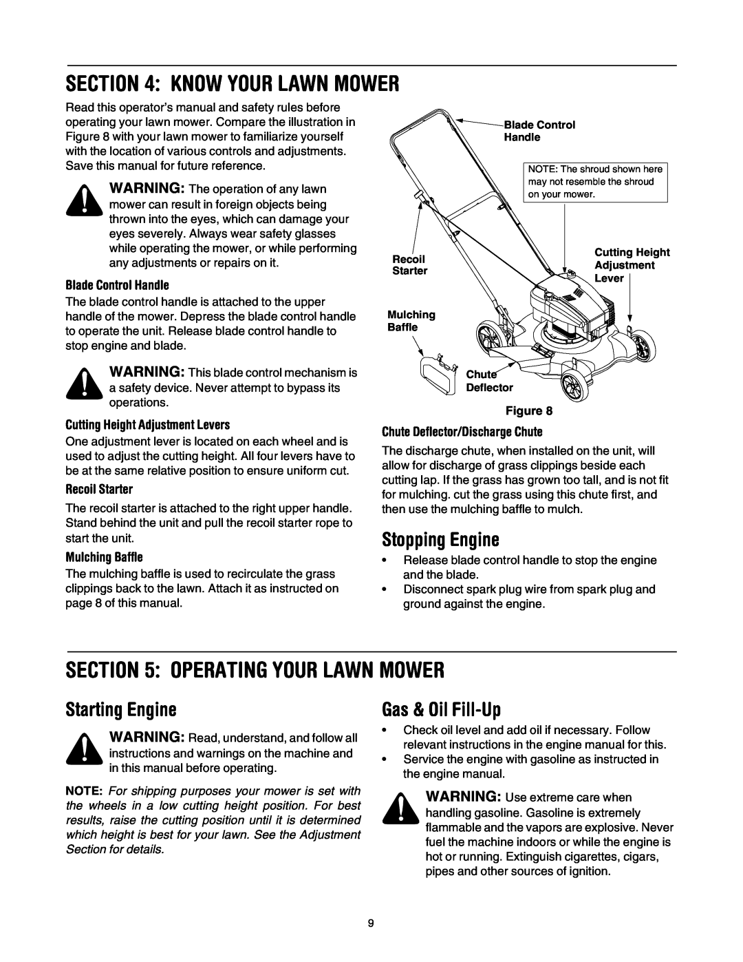 Bolens 84 manual Know Your Lawn Mower, Operating Your Lawn Mower, Stopping Engine, Starting Engine, Gas & Oil Fill-Up 