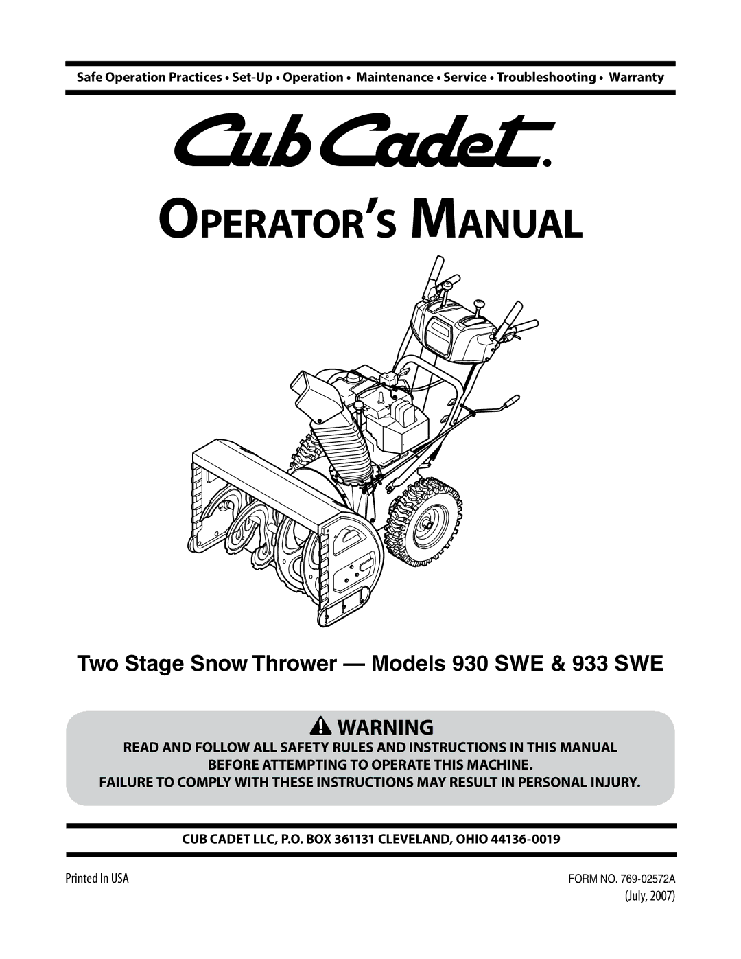 Bolens 930 SWE, 933 SWE warranty Operator’s Manual, July 