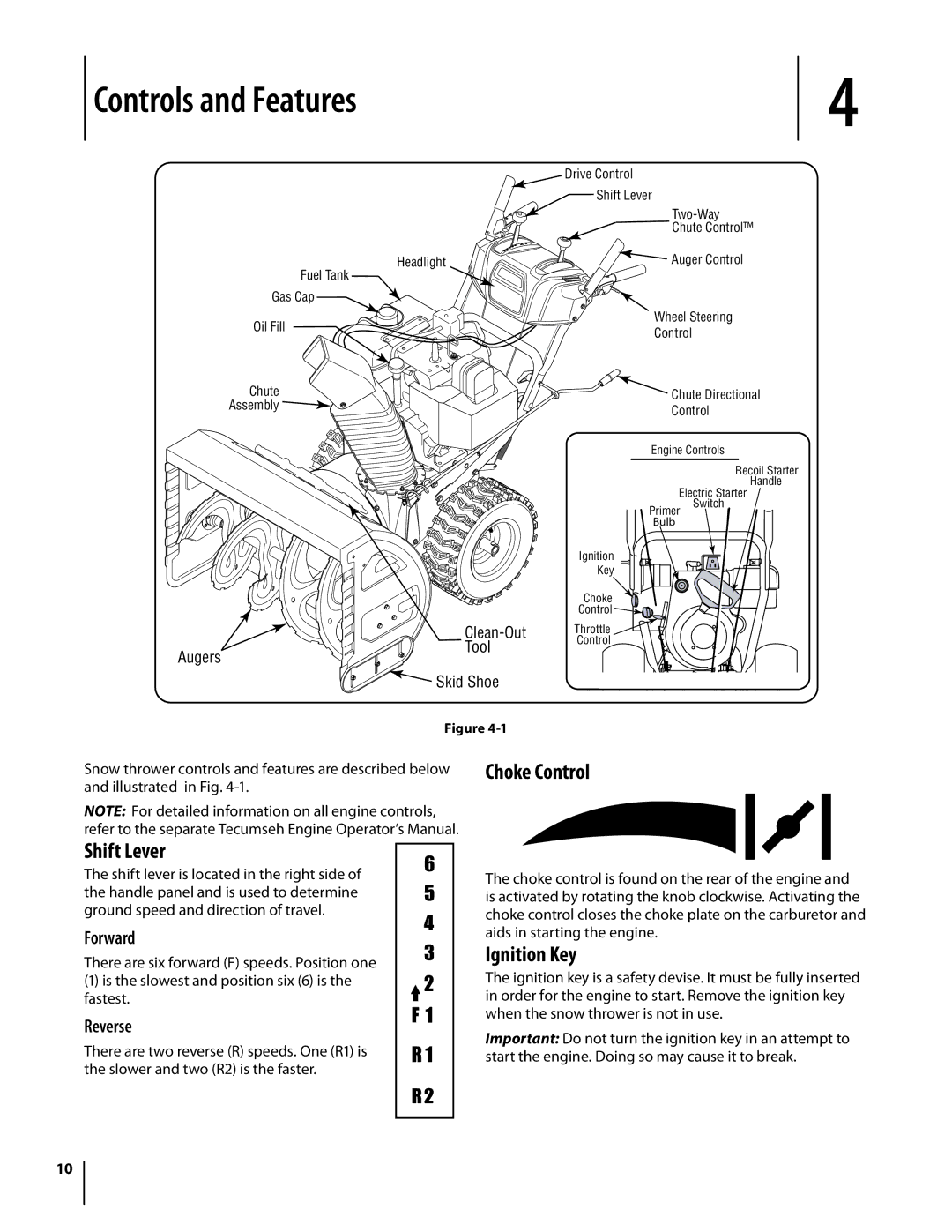 Bolens 933 SWE, 930 SWE warranty Controls and Features, Shift Lever, Choke Control, Ignition Key 