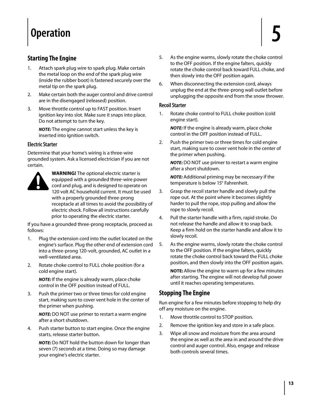 Bolens 930 SWE, 933 SWE warranty Operation, Starting The Engine, Stopping The Engine, Electric Starter, Recoil Starter 