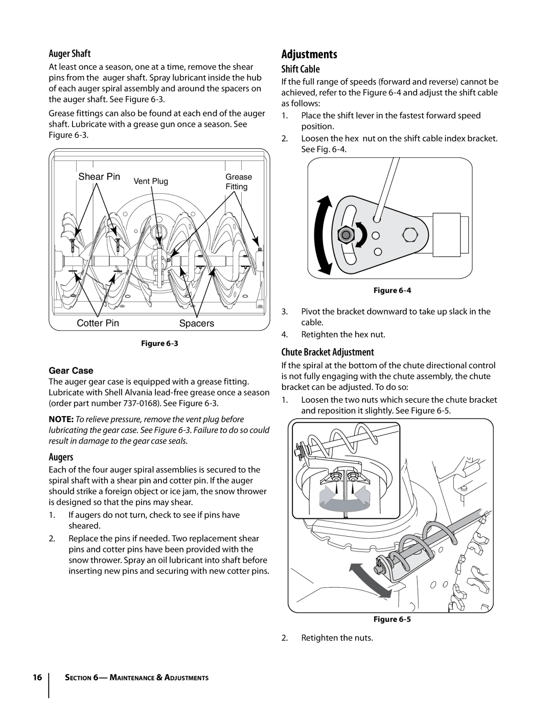 Bolens 933 SWE, 930 SWE warranty Auger Shaft, Shift Cable, Augers, Chute Bracket Adjustment 