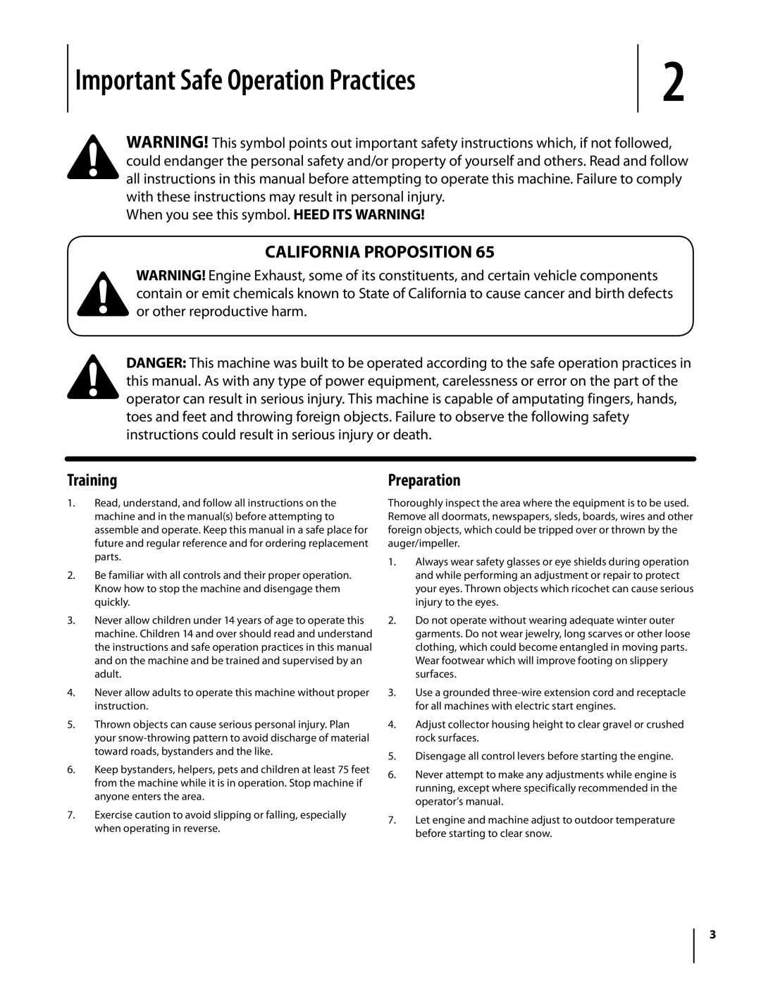 Bolens 930 SWE, 933 SWE warranty Important Safe Operation Practices, California Proposition Training, Preparation 