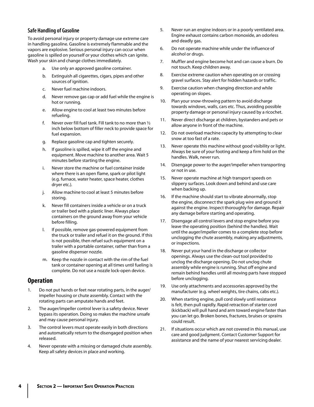 Bolens 933 SWE, 930 SWE warranty Operation, Safe Handling of Gasoline 