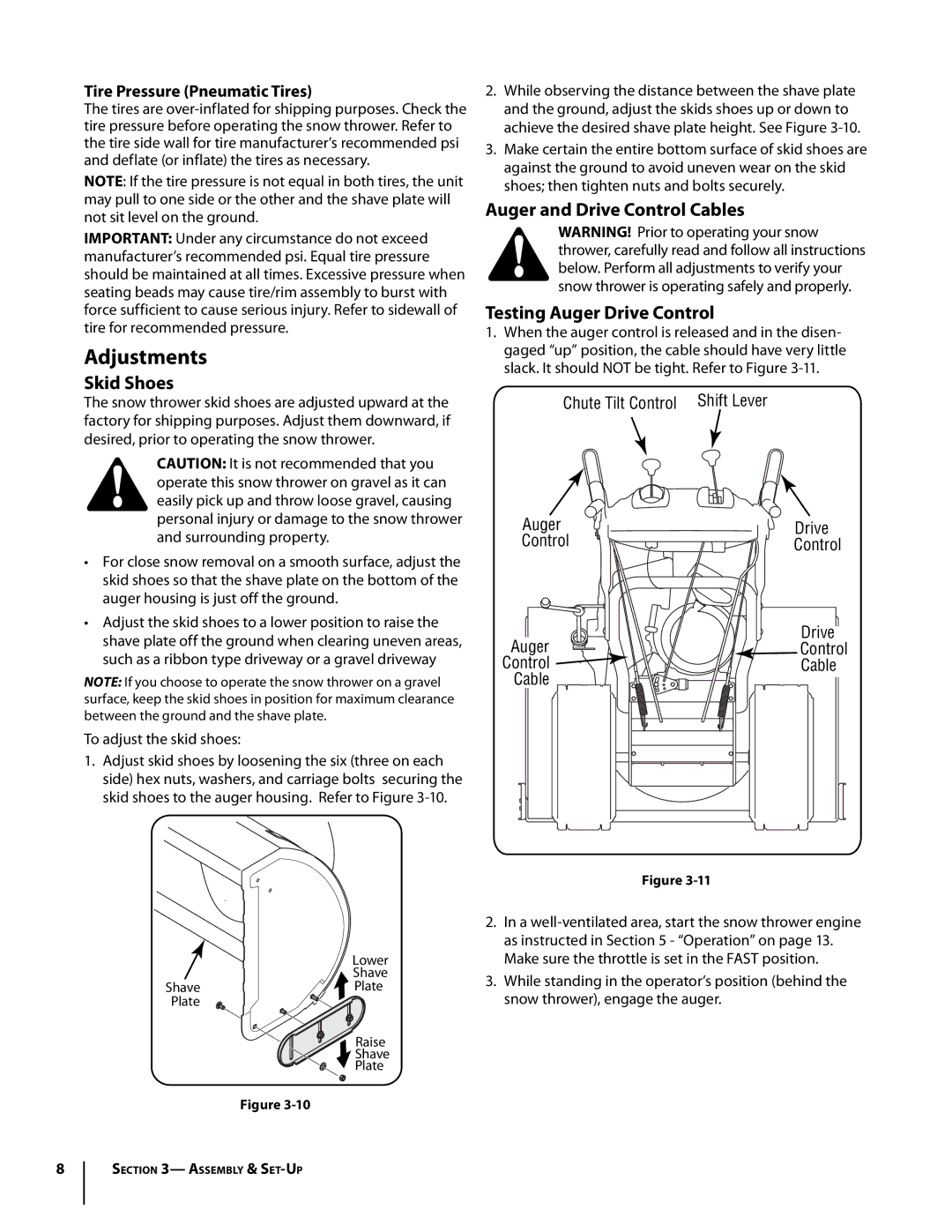 Bolens 933 SWE, 930 SWE warranty Adjustments, Skid Shoes, Auger and Drive Control Cables Testing Auger Drive Control 