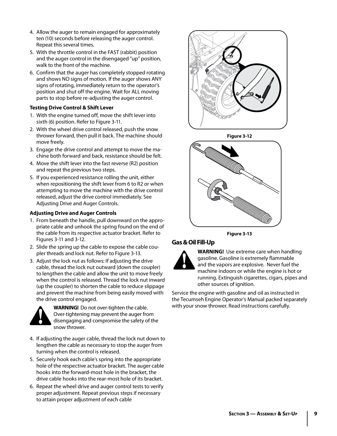 Bolens 930 SWE, 933 SWE warranty Gas & Oil Fill-Up, Testing Drive Control & Shift Lever 